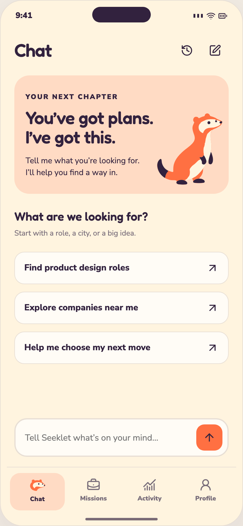 Écran Chat de l'app Seeklet avec la mascotte et des suggestions de demandes